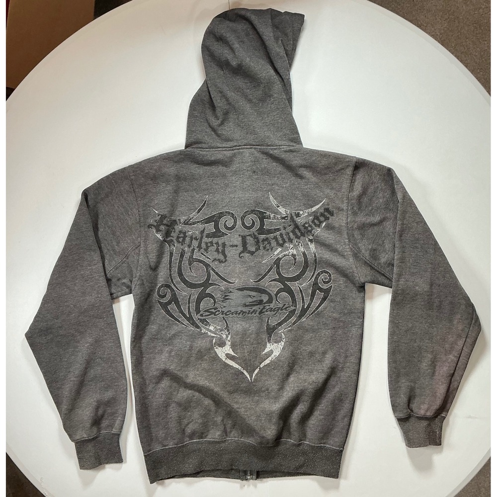 Y2K Harley Davidson Zip Tribal Biker Moto Screamin Eagle Charcoal Grey Hoodie S